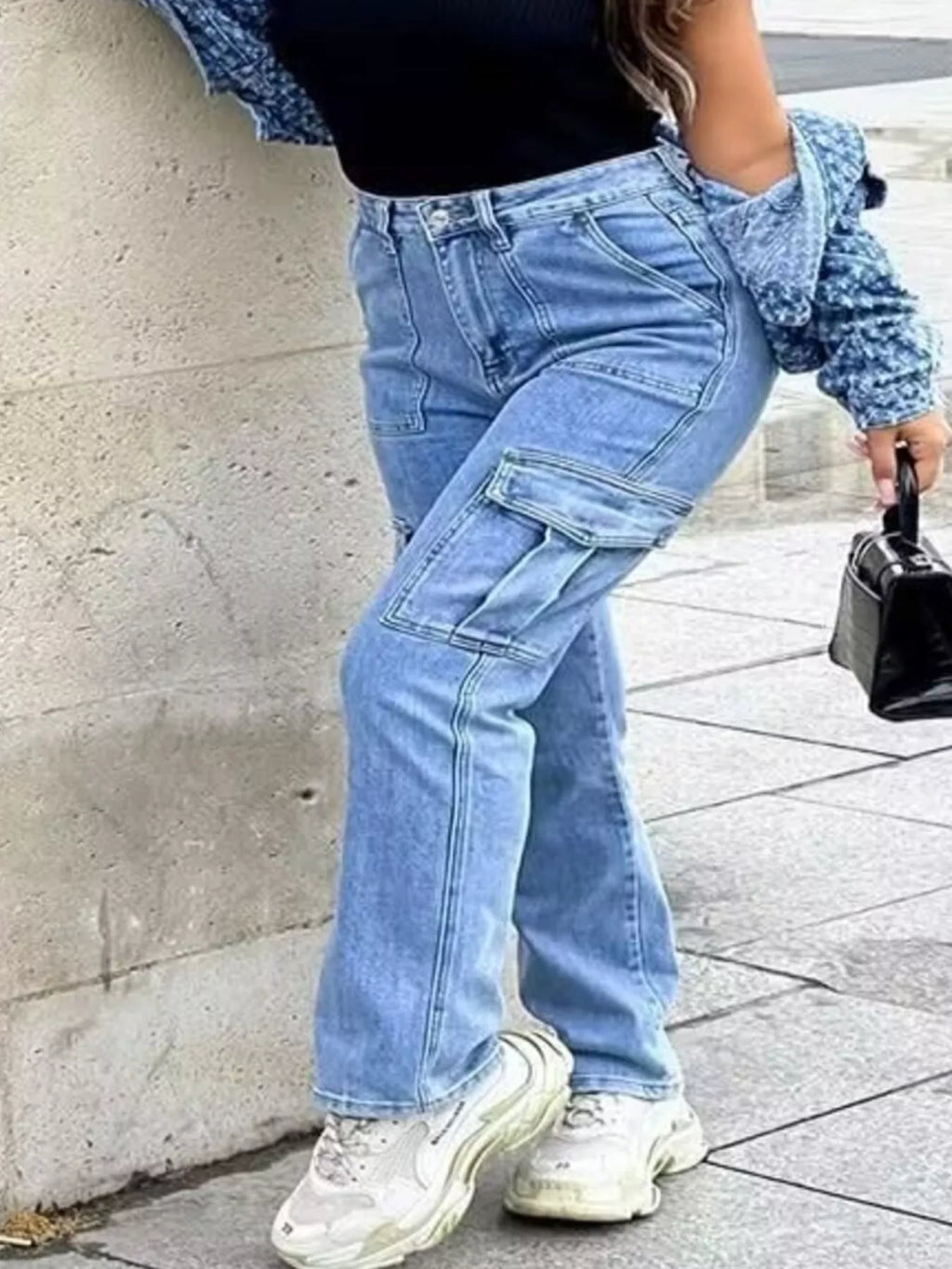 Full Size Light Wash Cargo Jeans with Multiple Pockets Plus Size - Lilixa.store