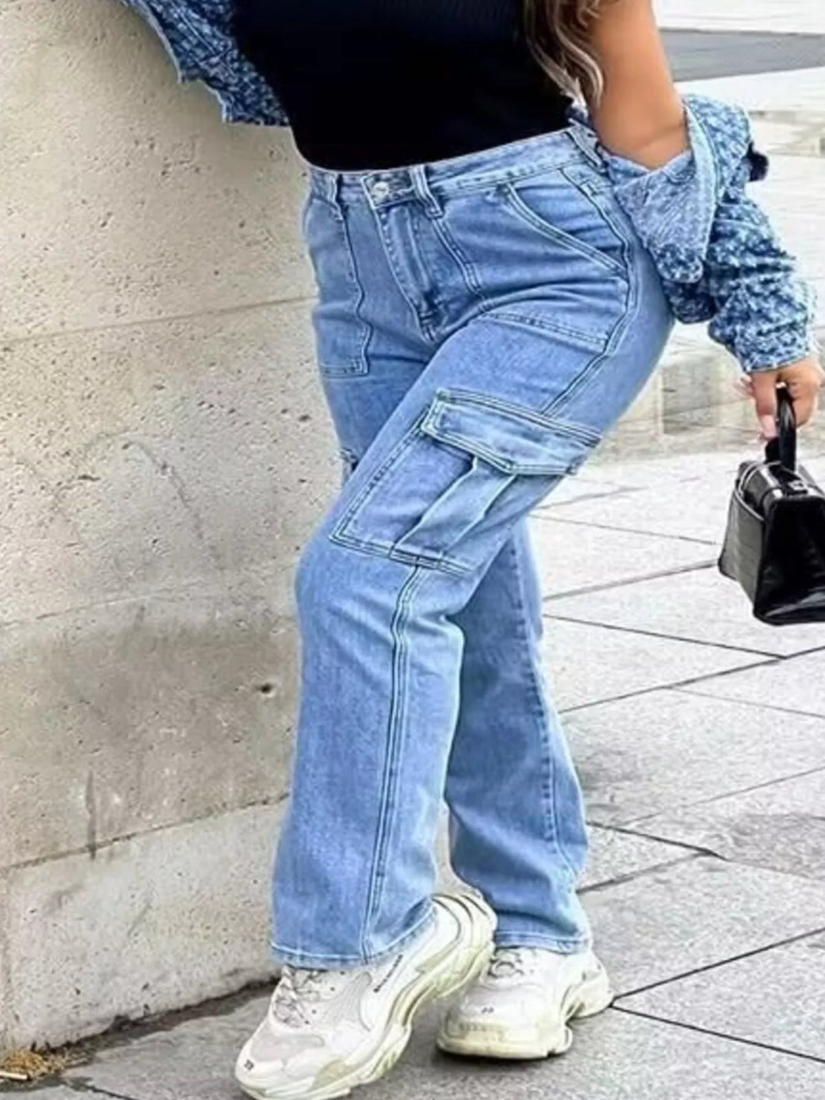Full Size Light Wash Cargo Jeans with Multiple Pockets Plus Size - Lilixa.store