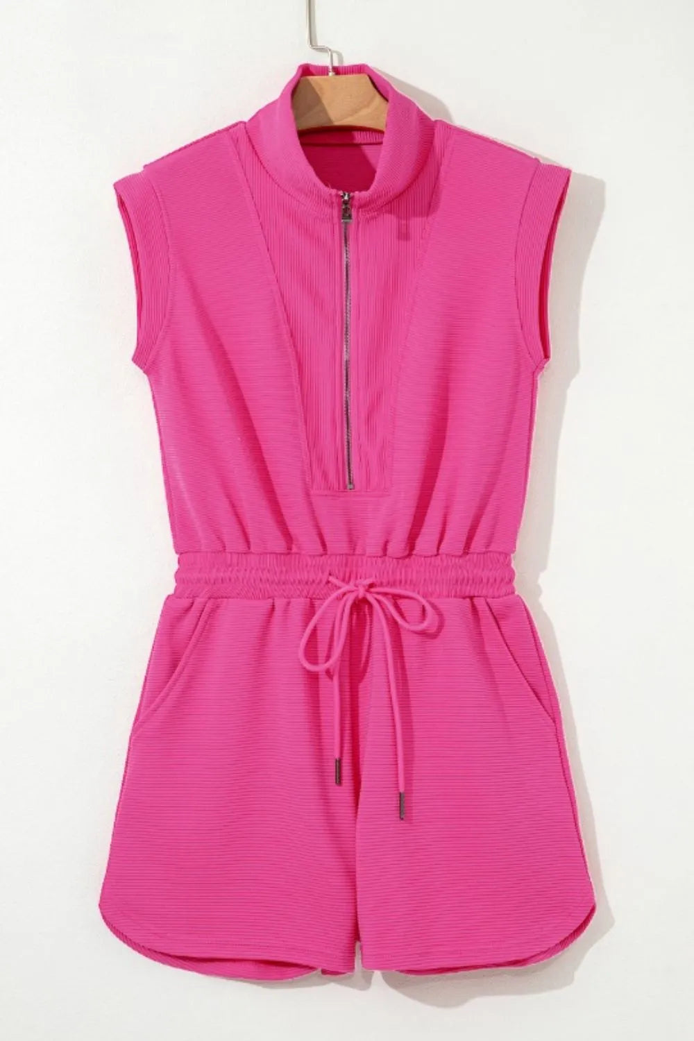 Textured Short Sleeve Half Zip Drawstring Waist Romper - Lilixa.store