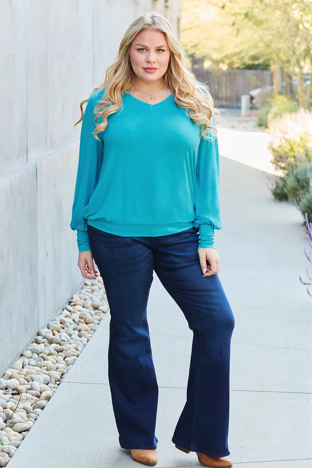 Basic Bae Full Size V-Neck Lantern Sleeve Top - Lilixa.store