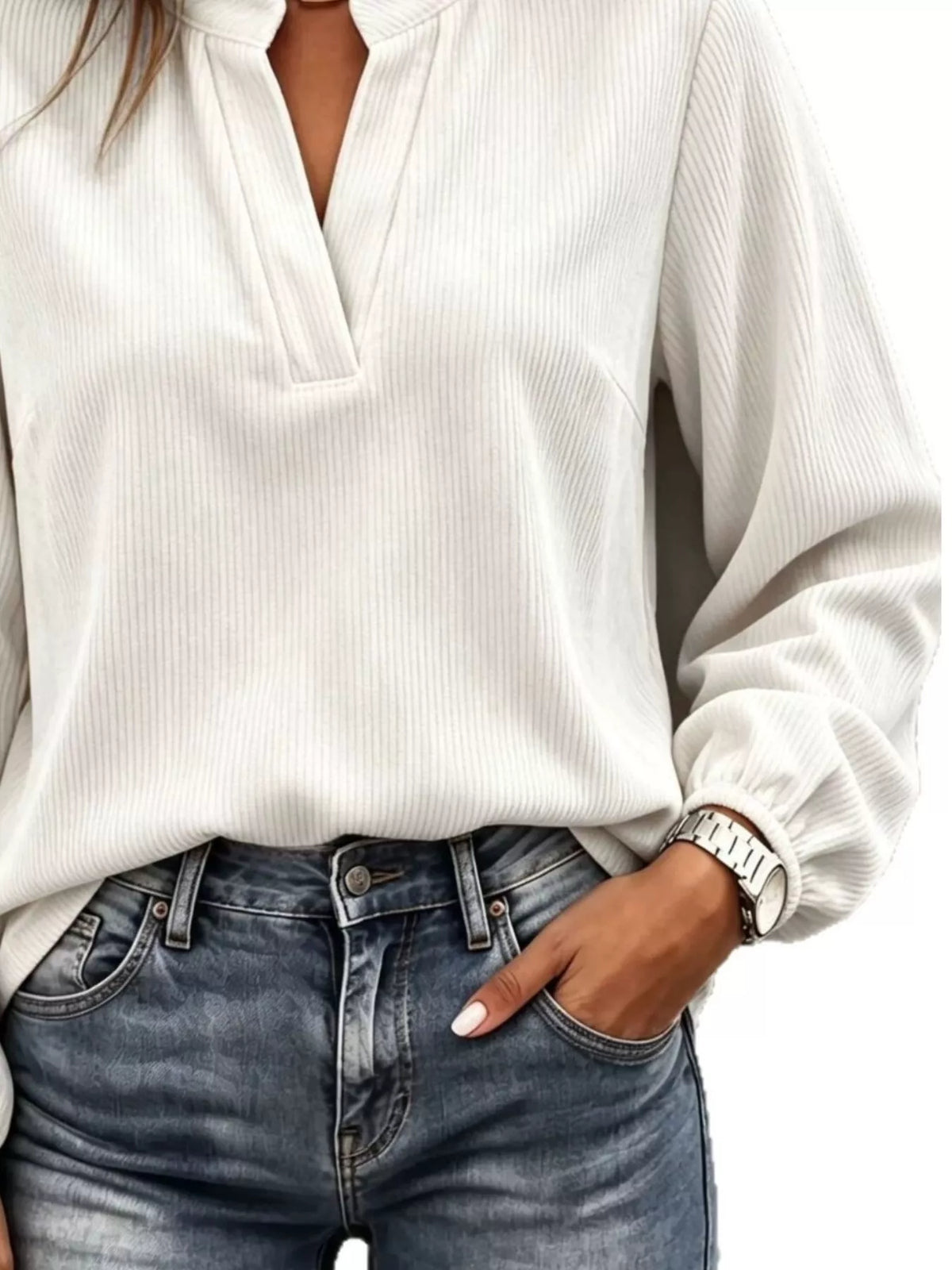 Full Size Corduroy Notched Long Sleeve Top Plus Size