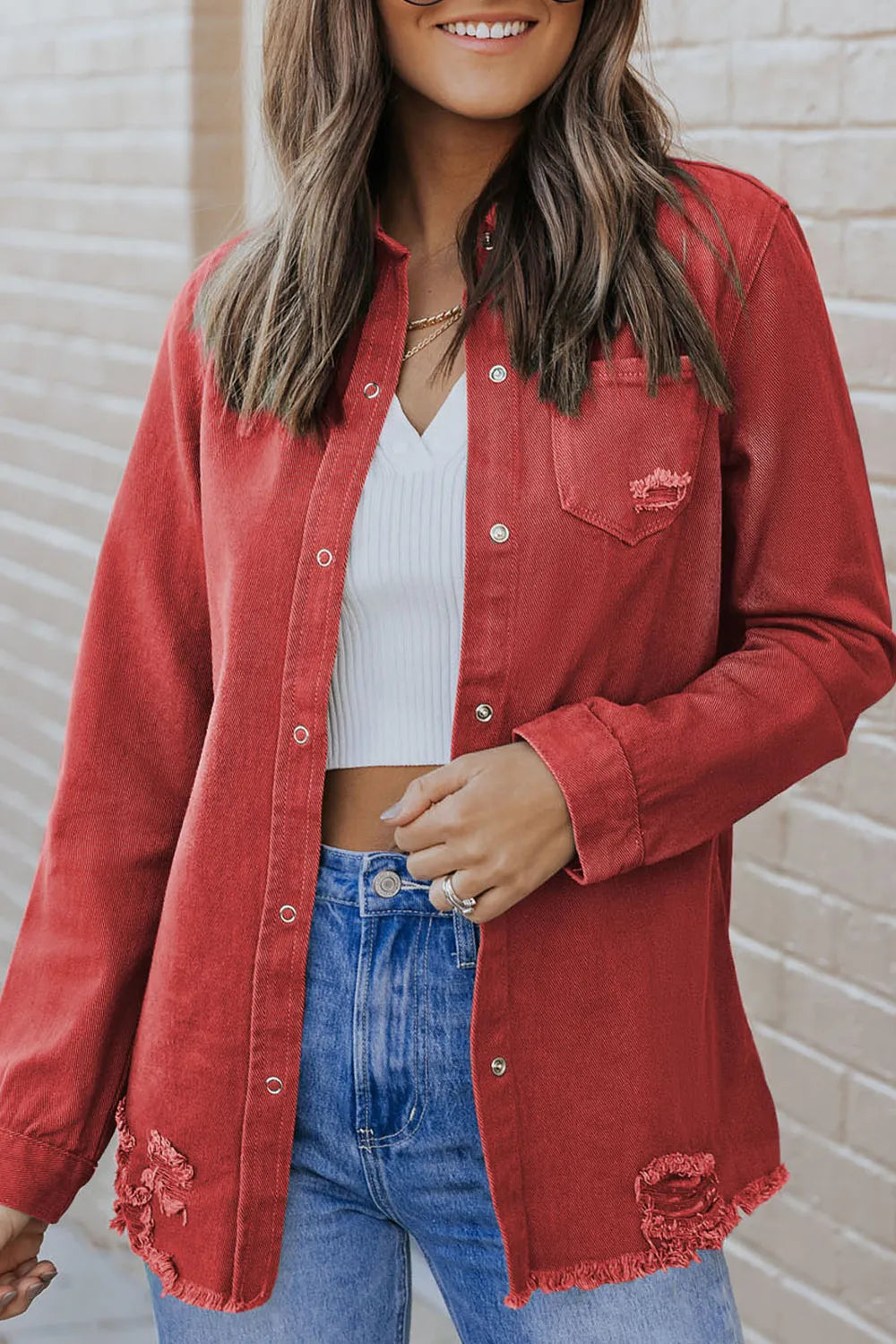 Distressed Raw Hem Snap Down Denim Jacket in Rust