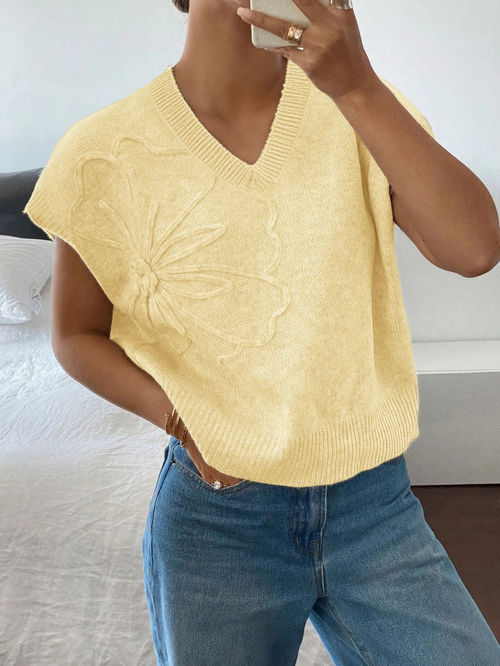Ribbed Hem V-Neck Short Sleeve Sweater - Lilixa.store