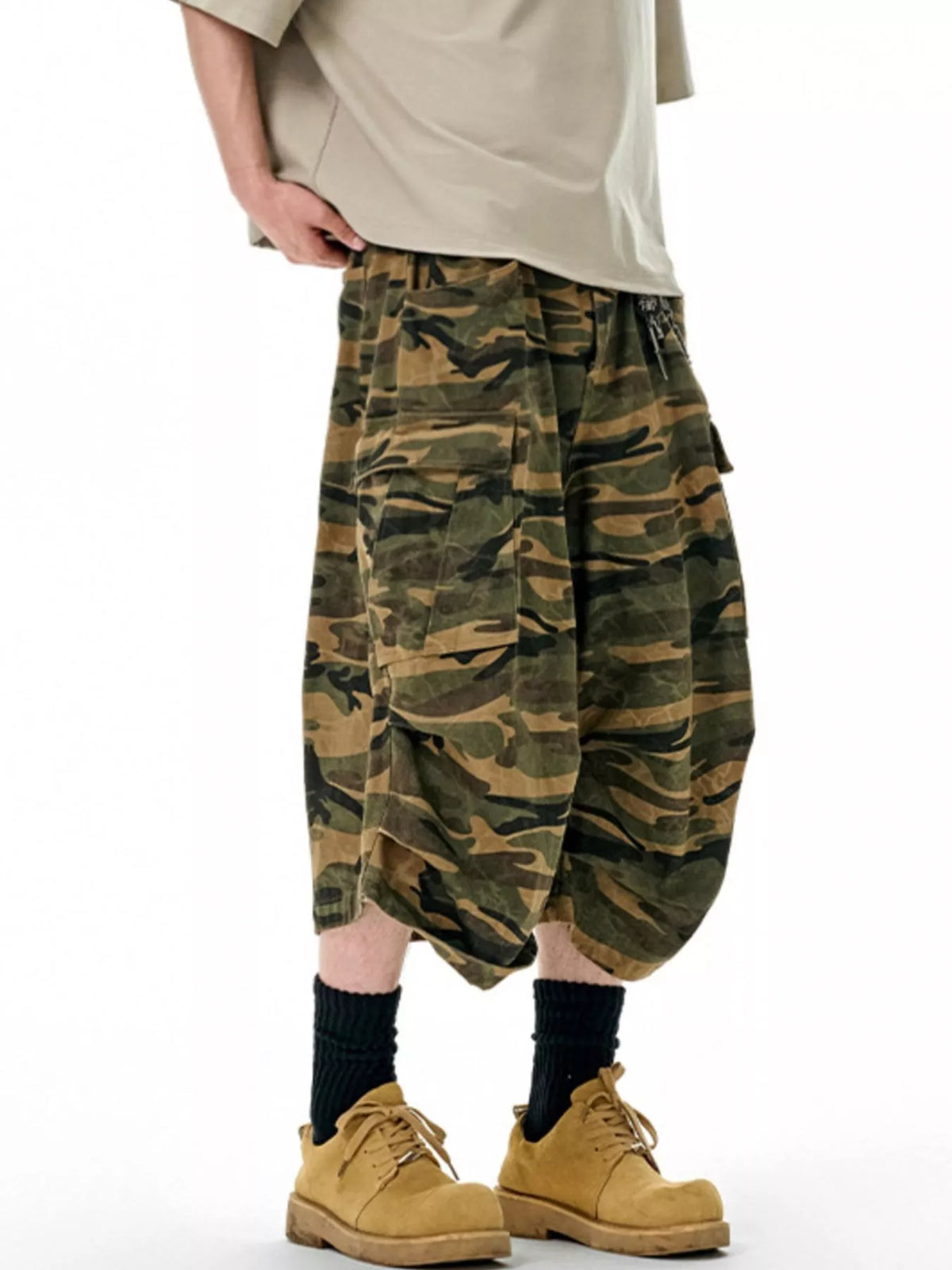 Men's Camo Cargo Culottes Shorts in Olive Brown, view 2