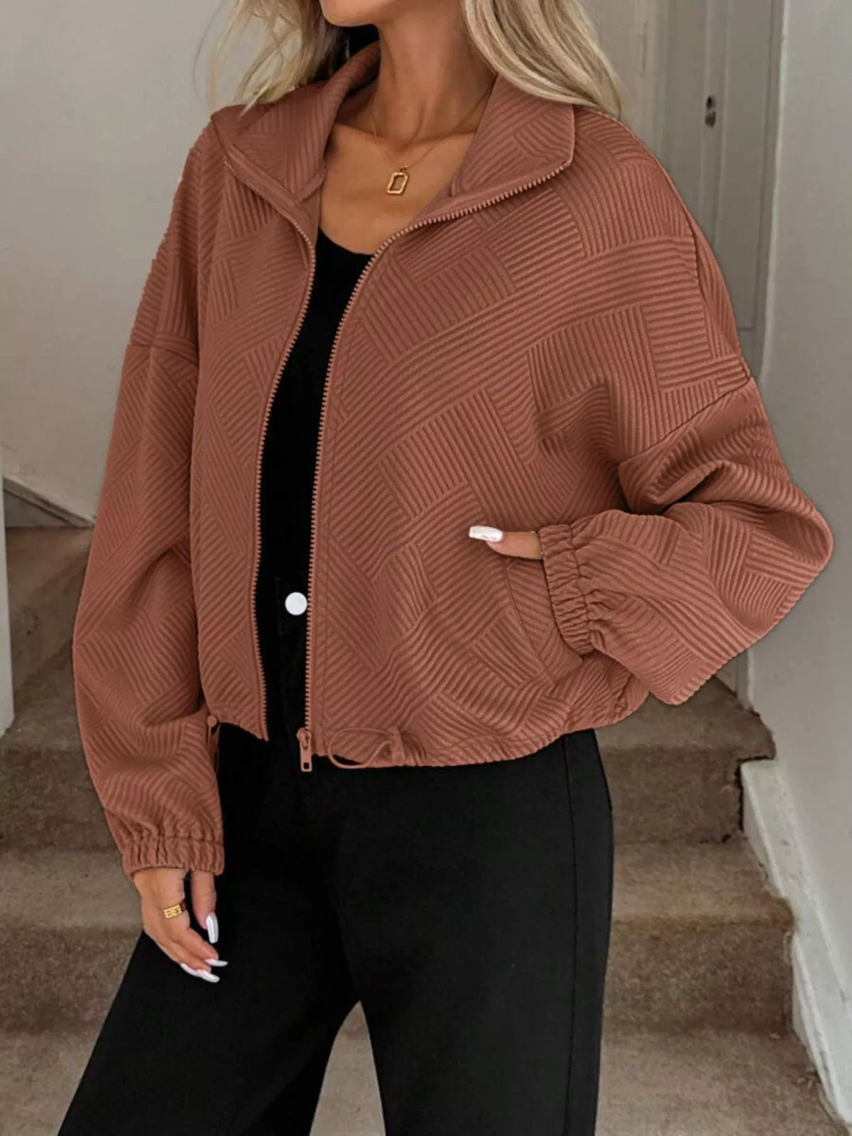 Textured Zip-Up Drawstring Hem Jacket, view 17