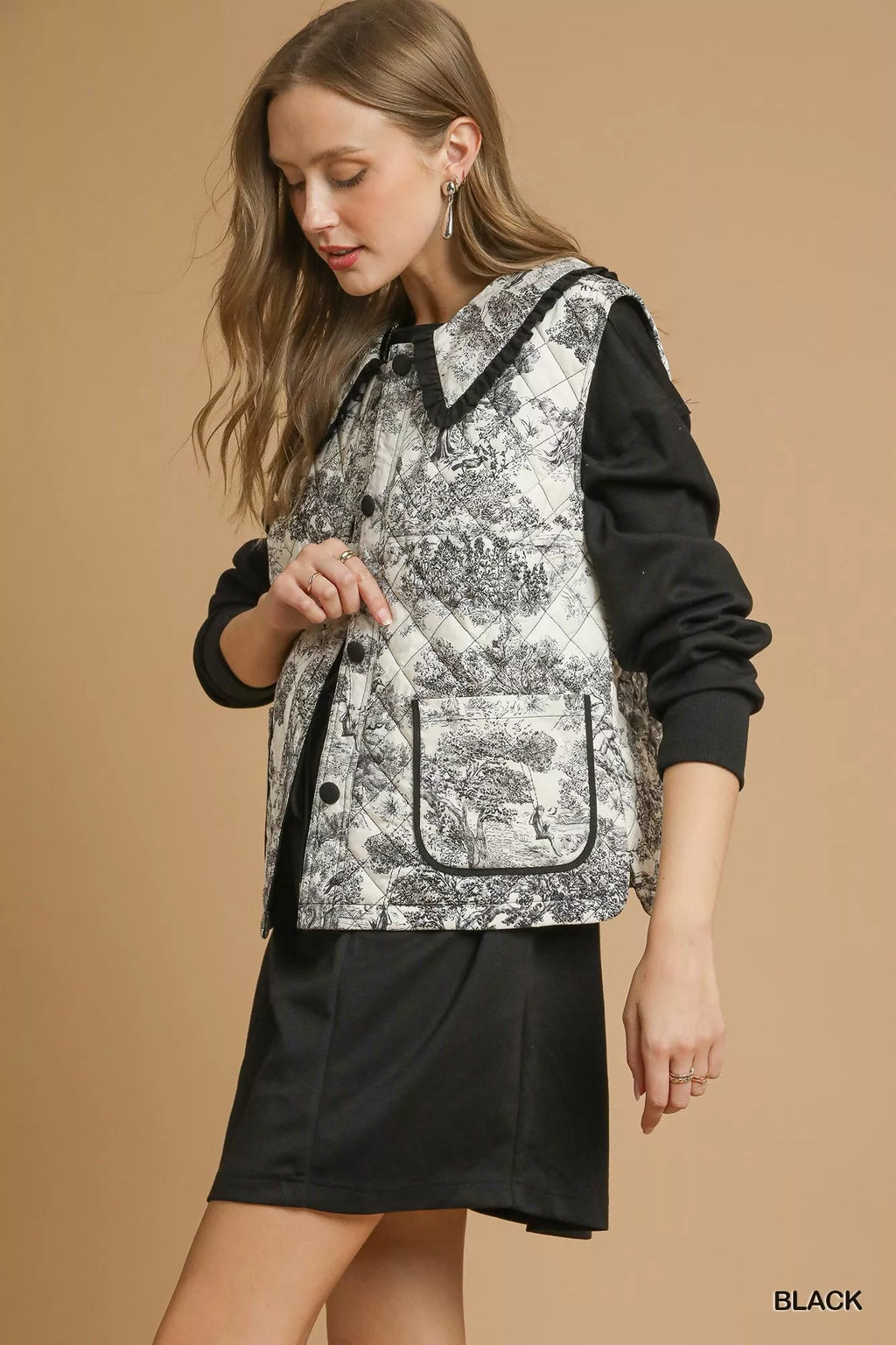 Umgee Toile Quilted Vest with Ruffle Collar - Lilixa.store