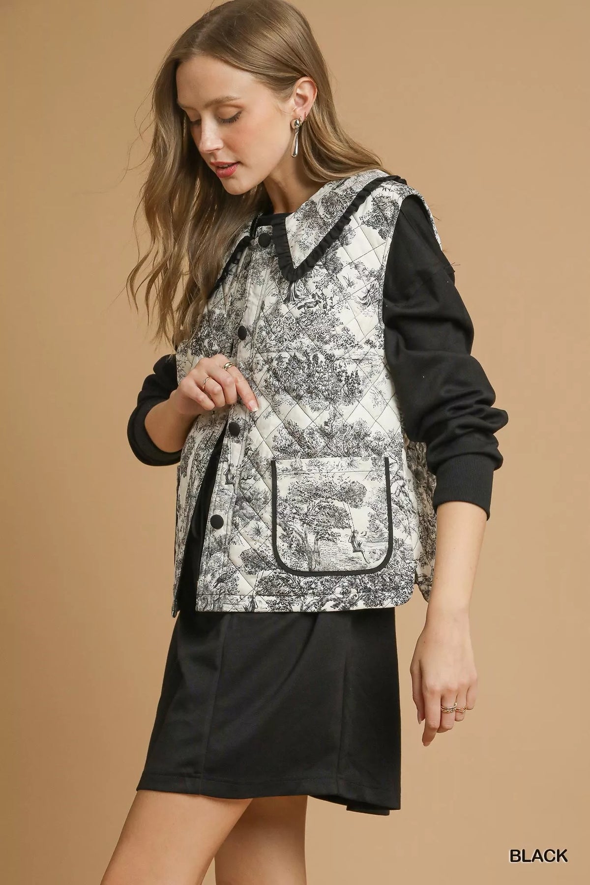 Umgee Toile Quilted Vest with Ruffle Collar - Lilixa.store