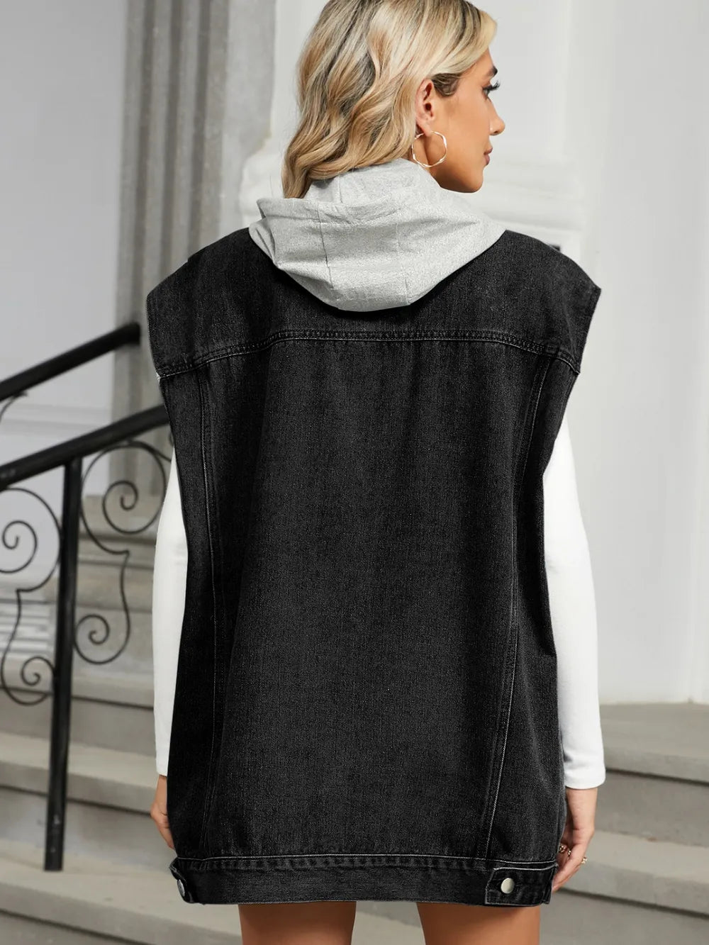 Removable Hood Button Up Cap Sleeve Denim Jacket in Black, view 6