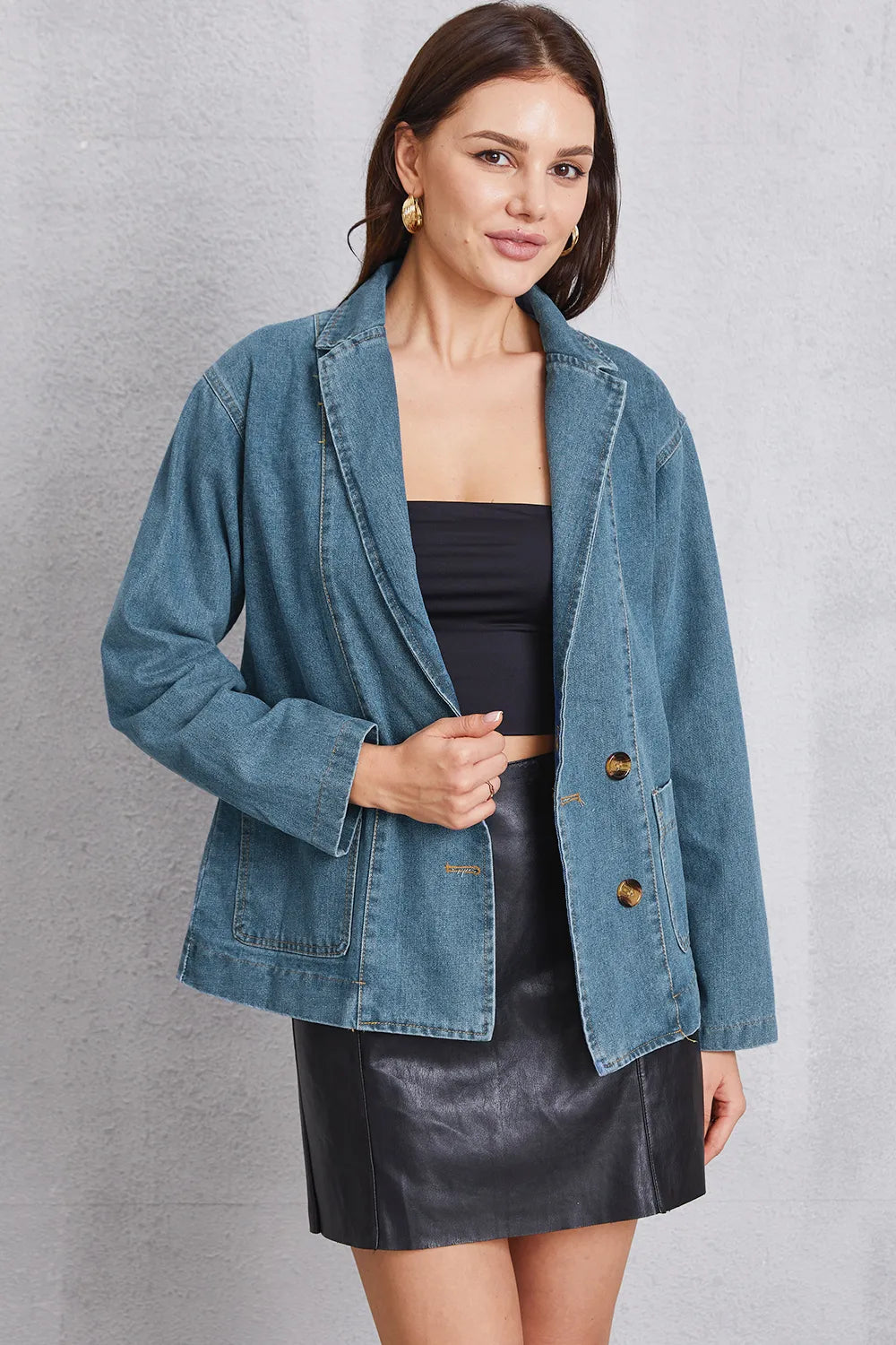 Pocketed Button Up Denim Jacket, view 2
