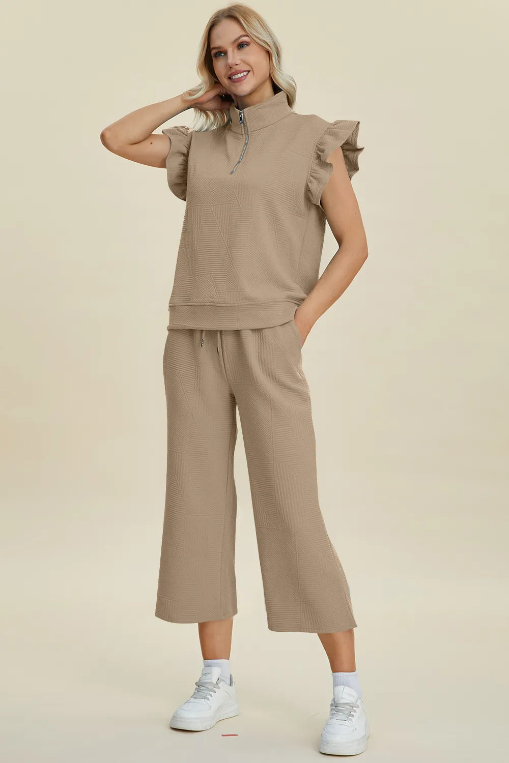 Double Take Full Size Texture Ruffle Short Sleeve Top and Wide Leg Pants Set, view 15