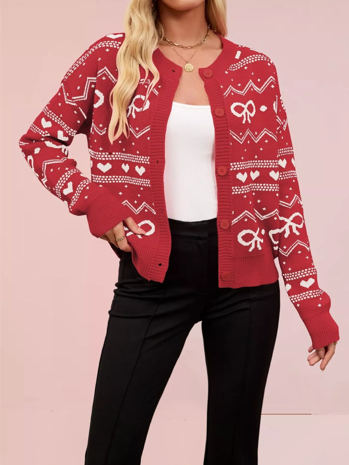 Bow and Heart Pattern Knit Cardigan - Lilixa.store