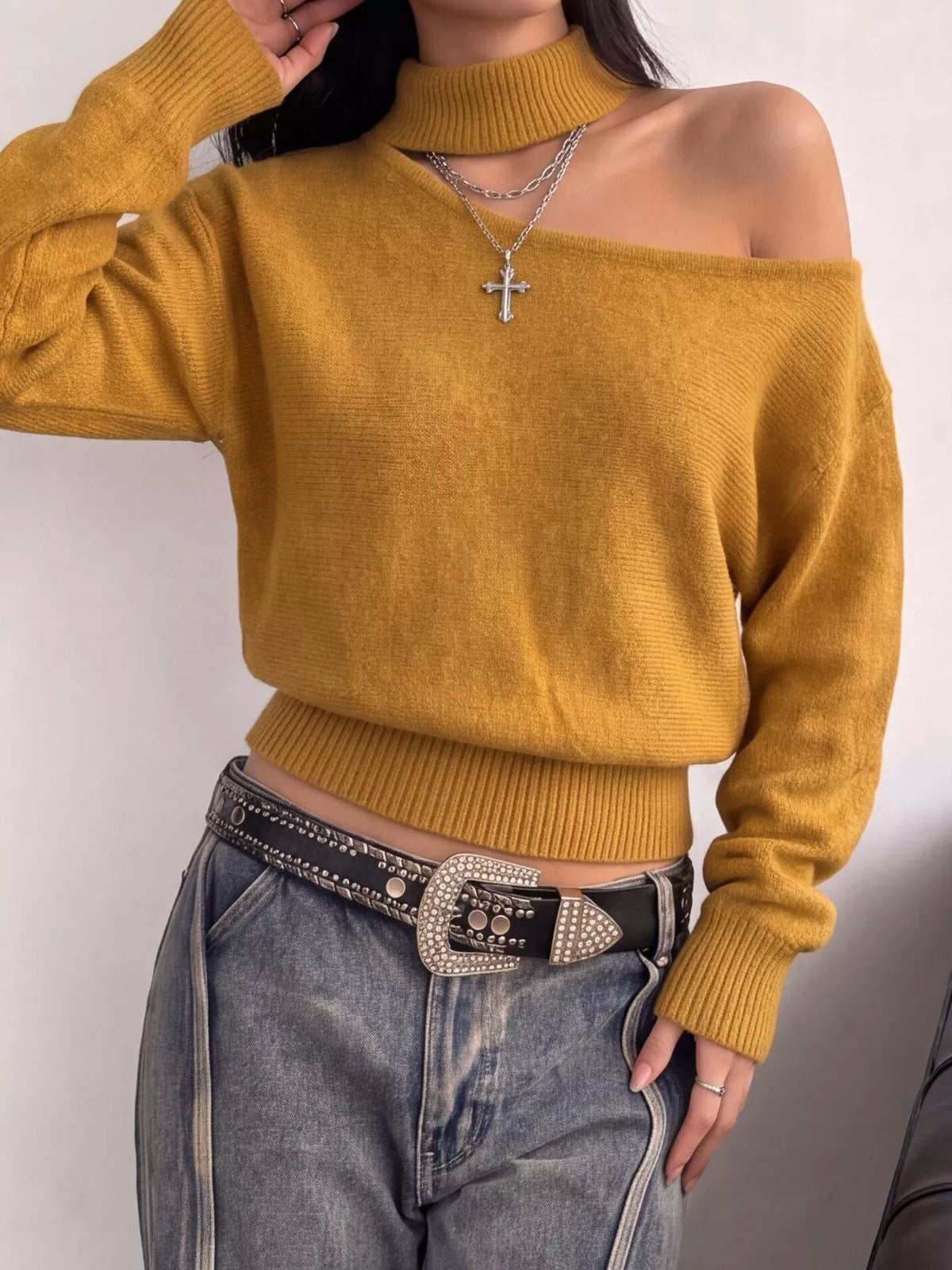 Cold-Shoulder Dropped Shoulder Sweater - Lilixa.store