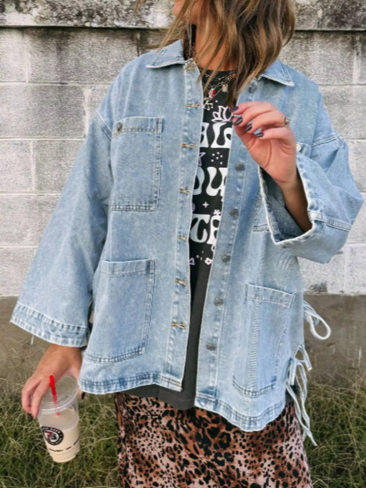 Patched Pockets Side Tie Denim Jacket, view 3