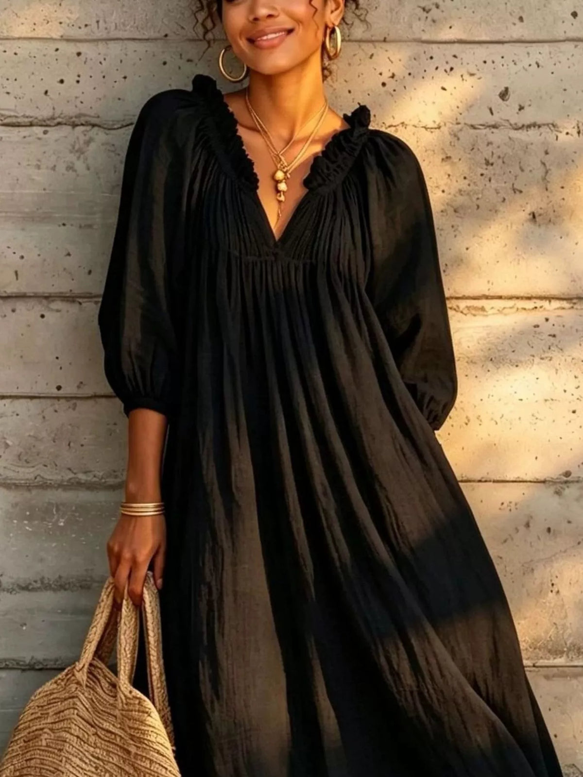 Tiered Notched 3/4 Sleeve Maxi Dress - Lilixa.store