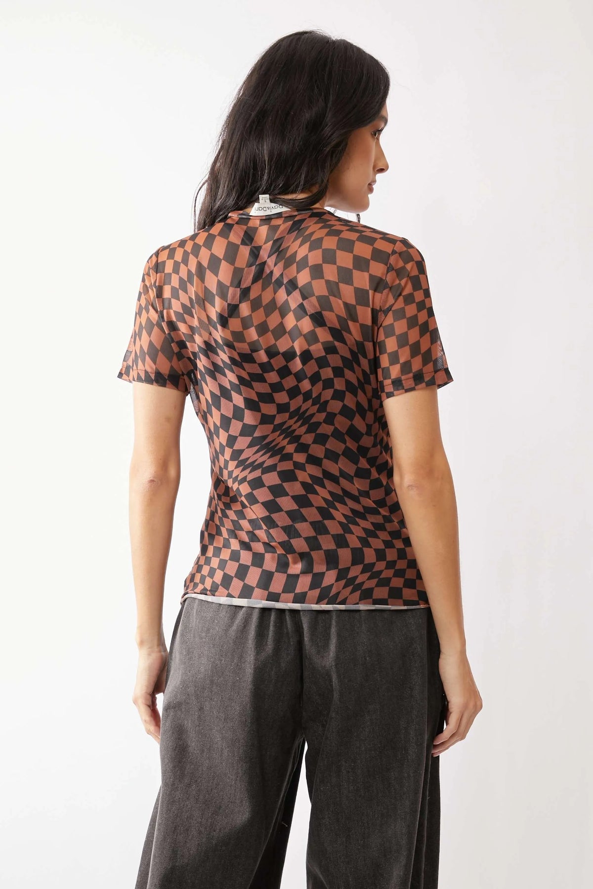 Davi & Dani Checker Board Printed Mesh Short Sleeve Top - Lilixa.store