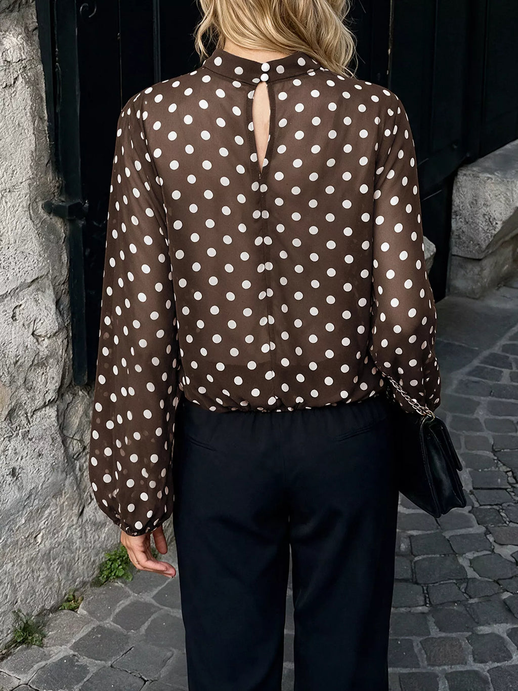 Polka Dot Mock Neck Long Sleeve Blouse - Lilixa.store