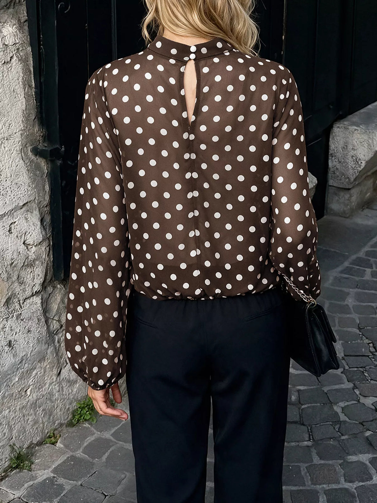 Polka Dot Mock Neck Long Sleeve Blouse - Lilixa.store