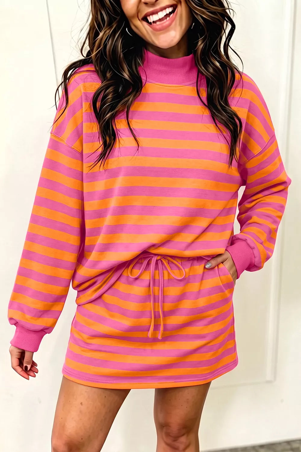 Stripe Color Block Patchwork Mock Neck Pullover Drawstring Mini Skort Set - Lilixa.store