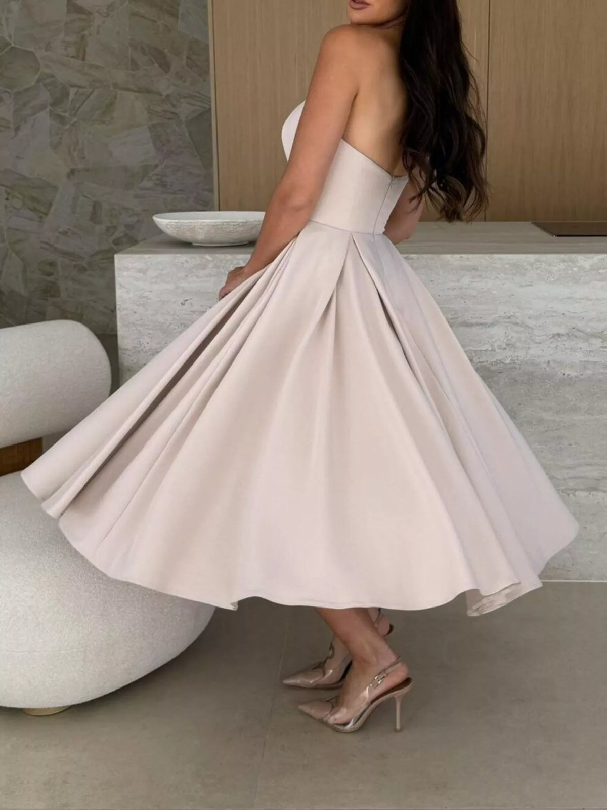 Strapless Ruched A-Line Midi Dress, view 3