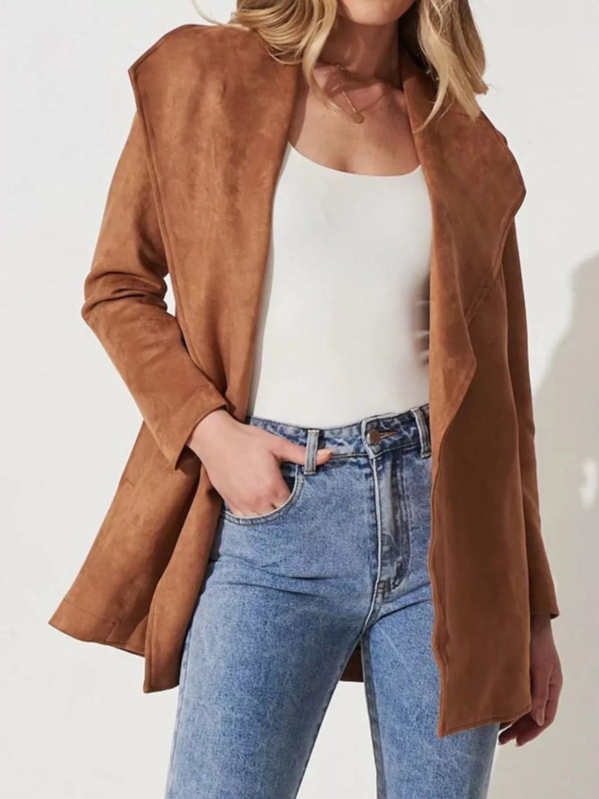 Suede Tie Waist Long Sleeve Outerwear, view 2