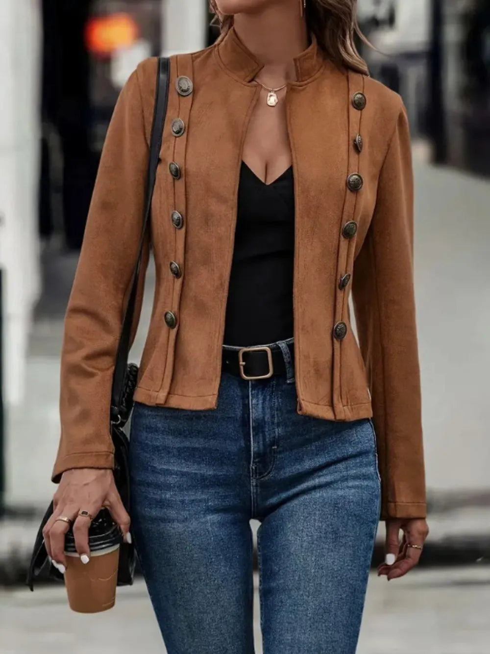 Decorative Button Open Front Long Sleeve Jacket in Brown