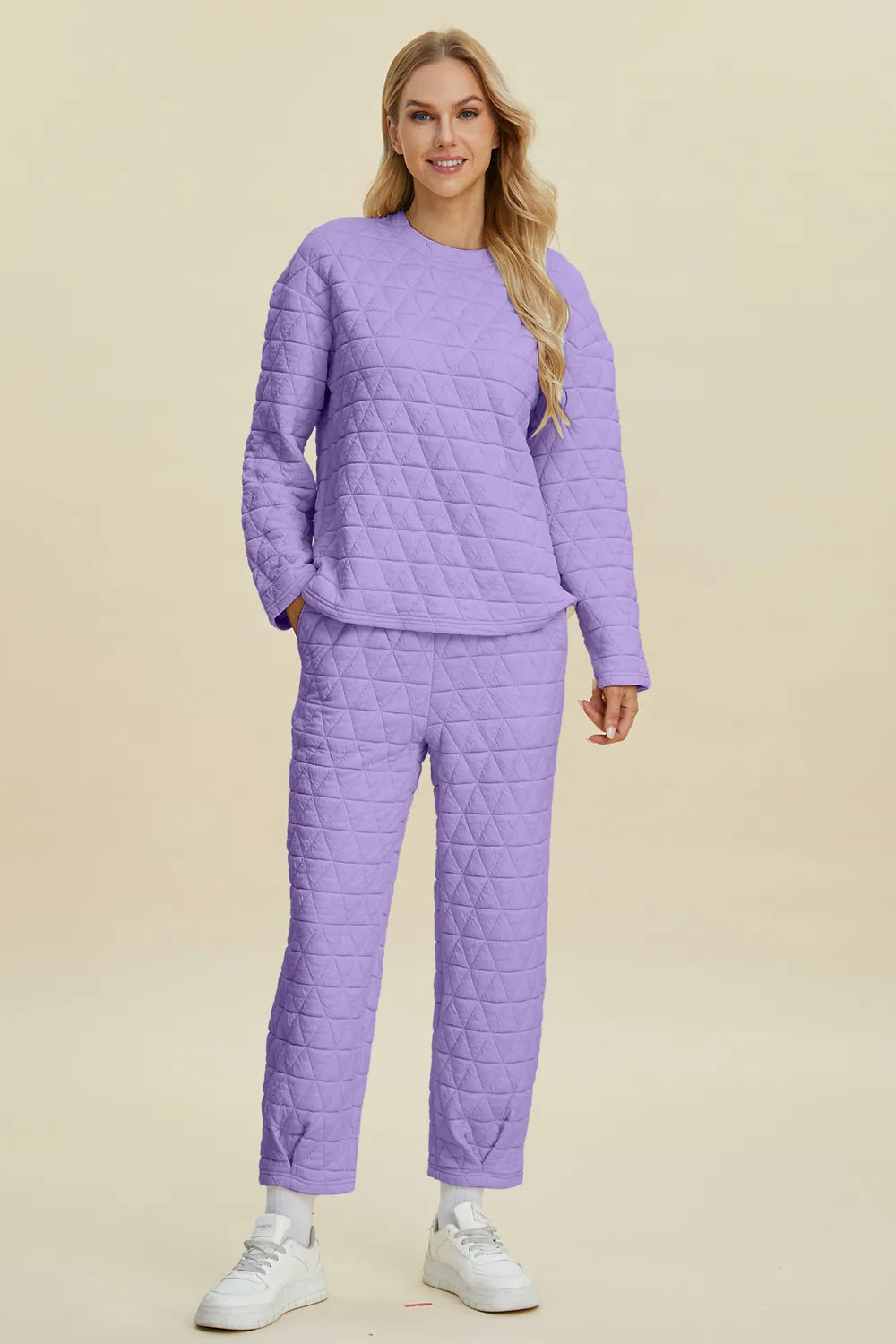 Double Take Full Size Texture Round Neck Long Sleeve Top and Pants Set - Lilixa.store
