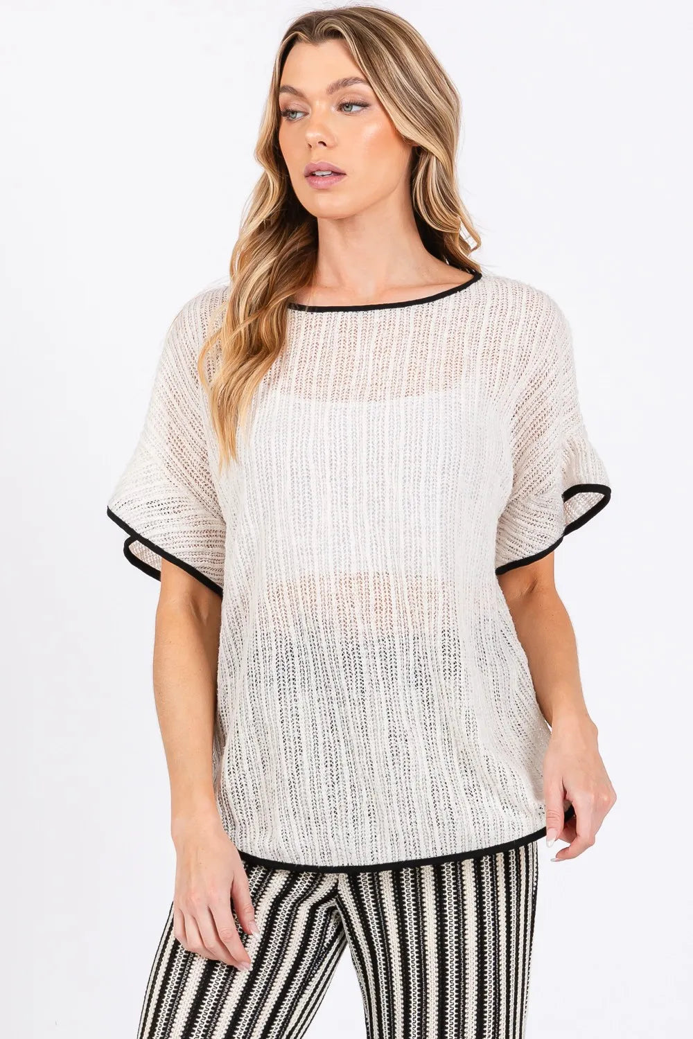 GeeGee Contrast Trim Short Sleeve Knit Cover Up - Lilixa.store