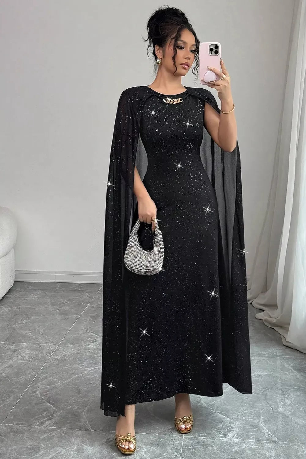 Glitter Cape-Sleeve Maxi Dress - Lilixa.store