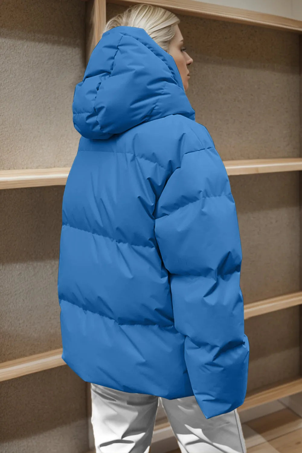 Pocketed Zip Up Hooded Puffer Jacket, view 2