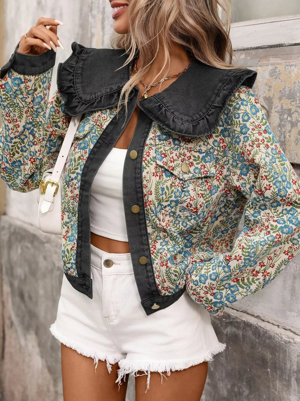Floral Ruffle Collar Denim Jacket - Lilixa.store
