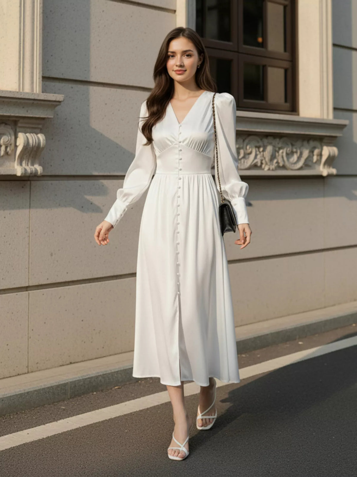 V-Neck Lantern Sleeve Midi Dress, view 3