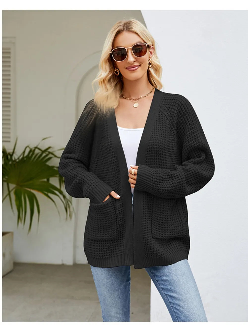 Open Front Raglan Sleeve Pocketed Cardigan - Lilixa.store