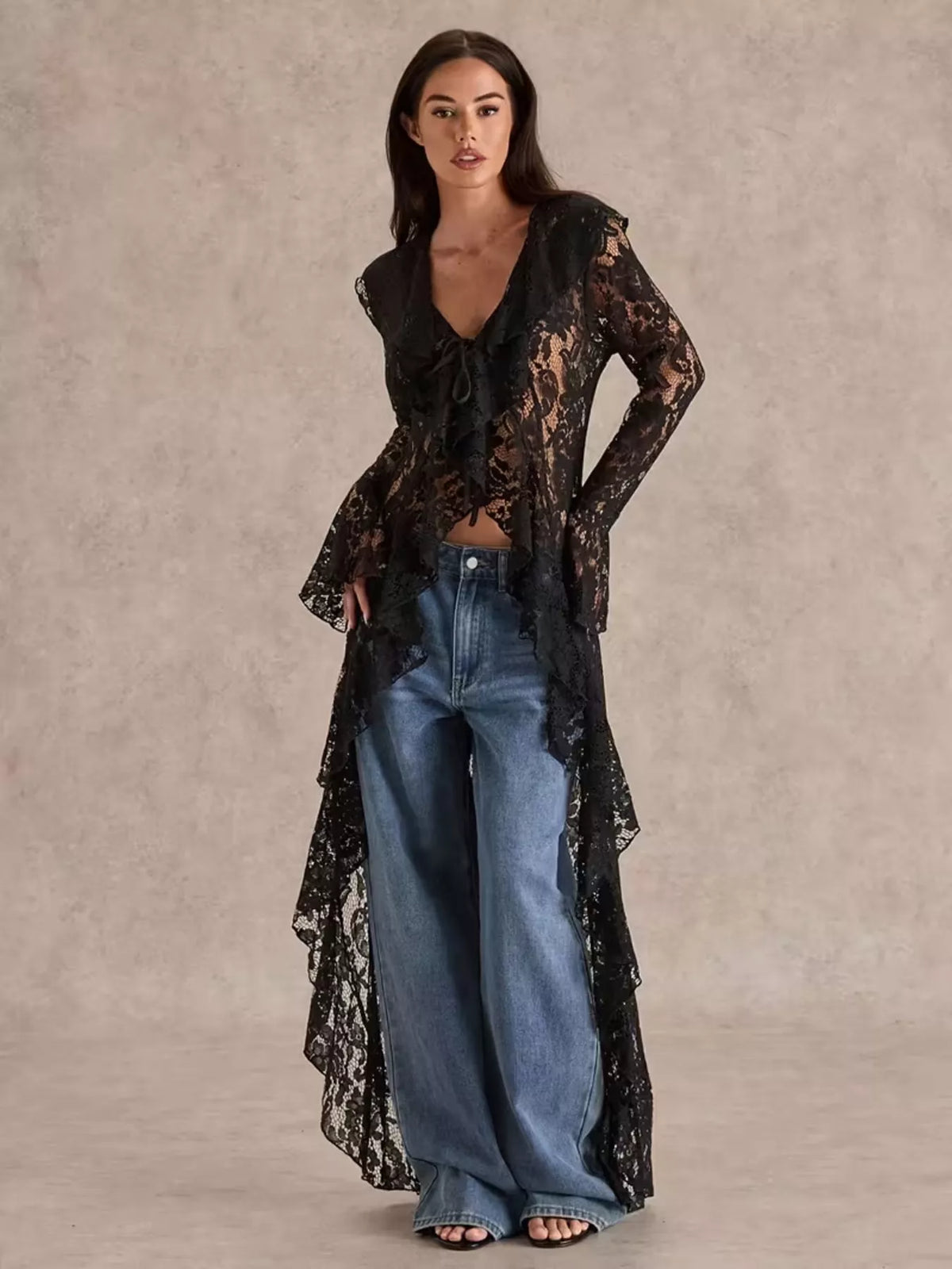 Lace Ruffle Trim High-Low Blouse - Lilixa.store