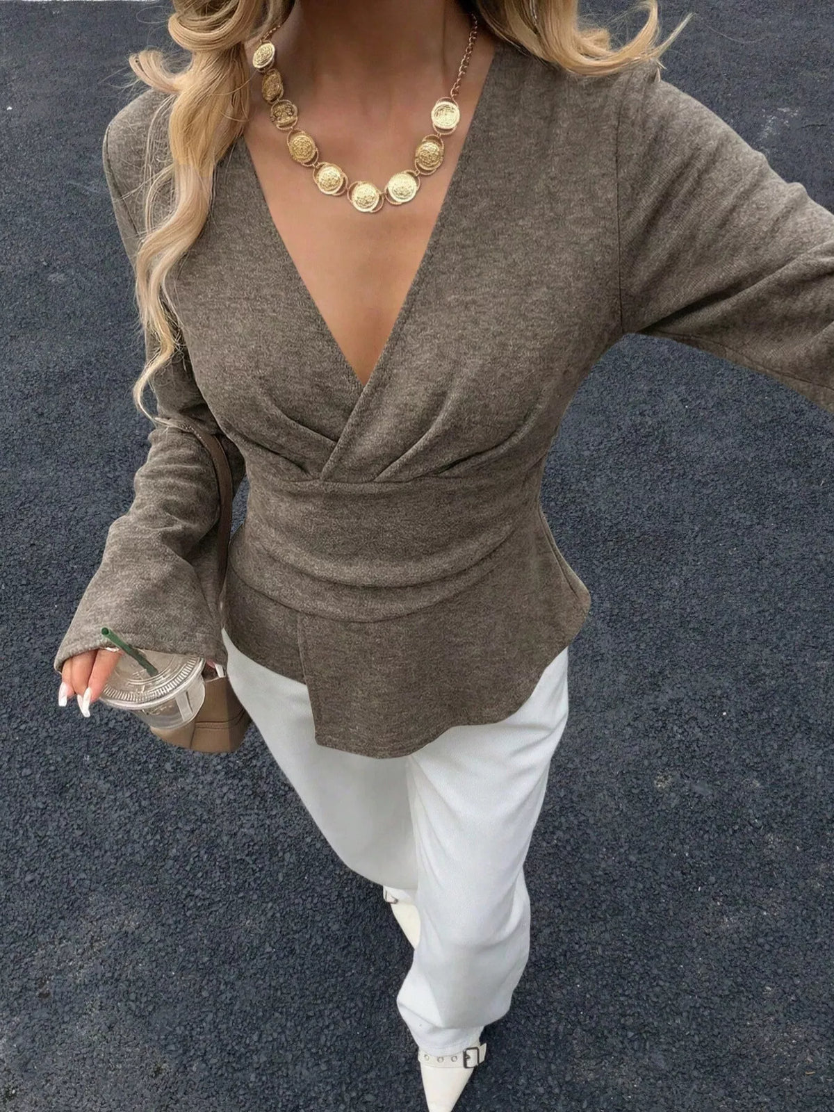 Elegant V-Neck Wrap Asymmetrical Blouse with Flared Sleeves in Olive