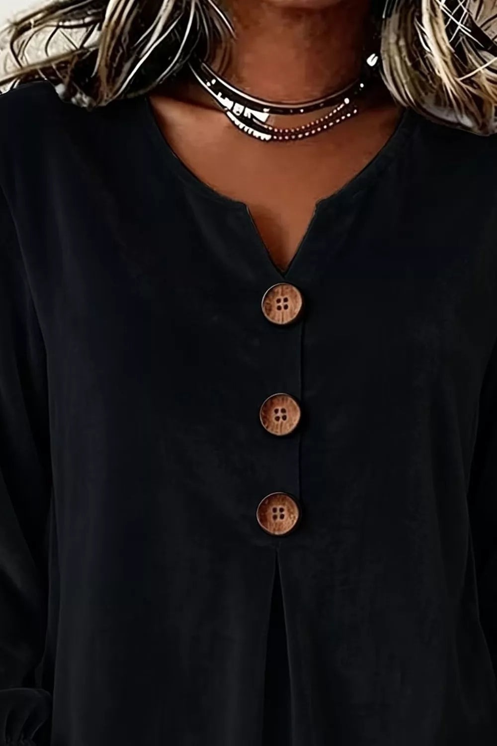 Full Size Velvet Button Decor Blouse with Ruffled Cuffs Plus Size - Lilixa.store