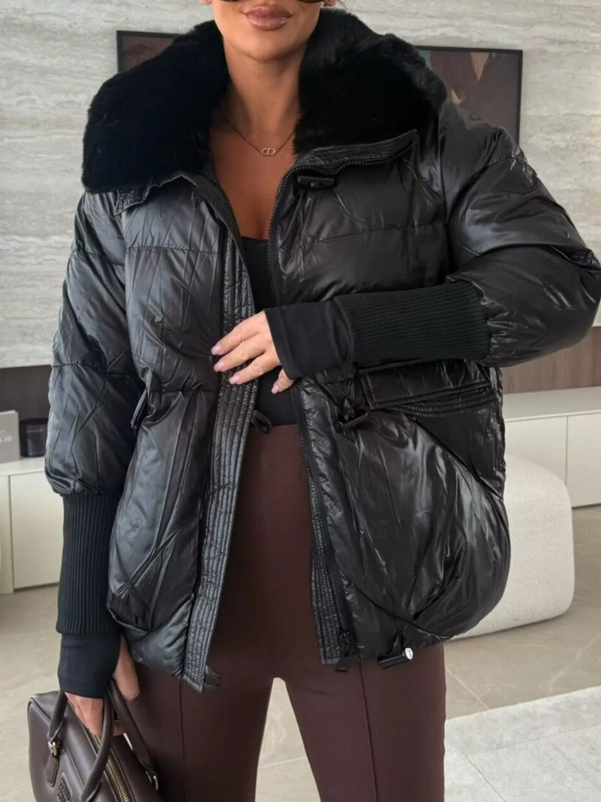 Fur Collar Padded Puffer Jacket in Black