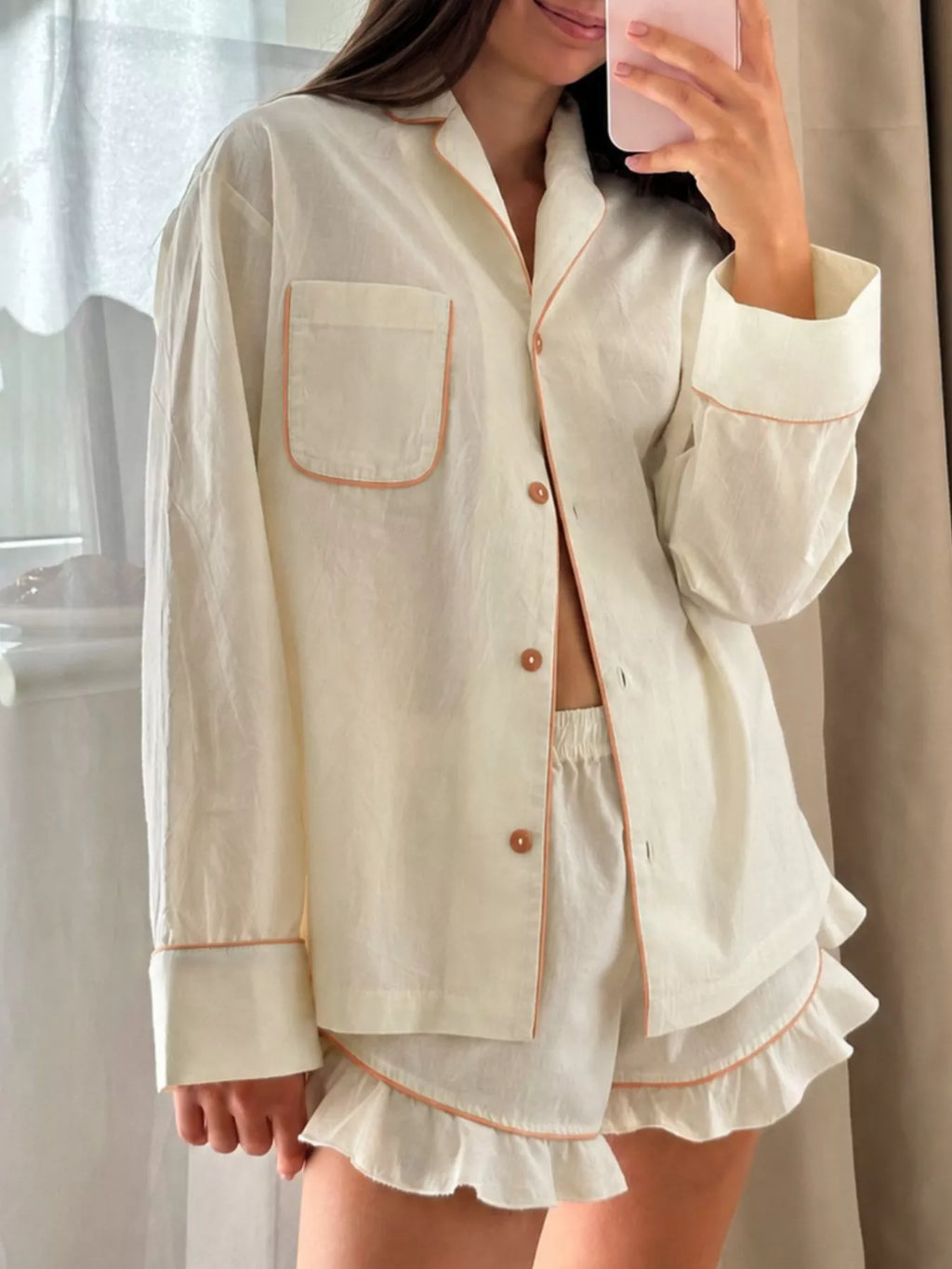 Contrast Trim Long Sleeve Top and Shorts Lounge Set - Lilixa.store