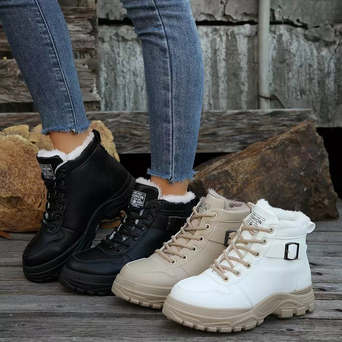 Lace-Up Ankle Boots with Buckle Detail - Lilixa.store