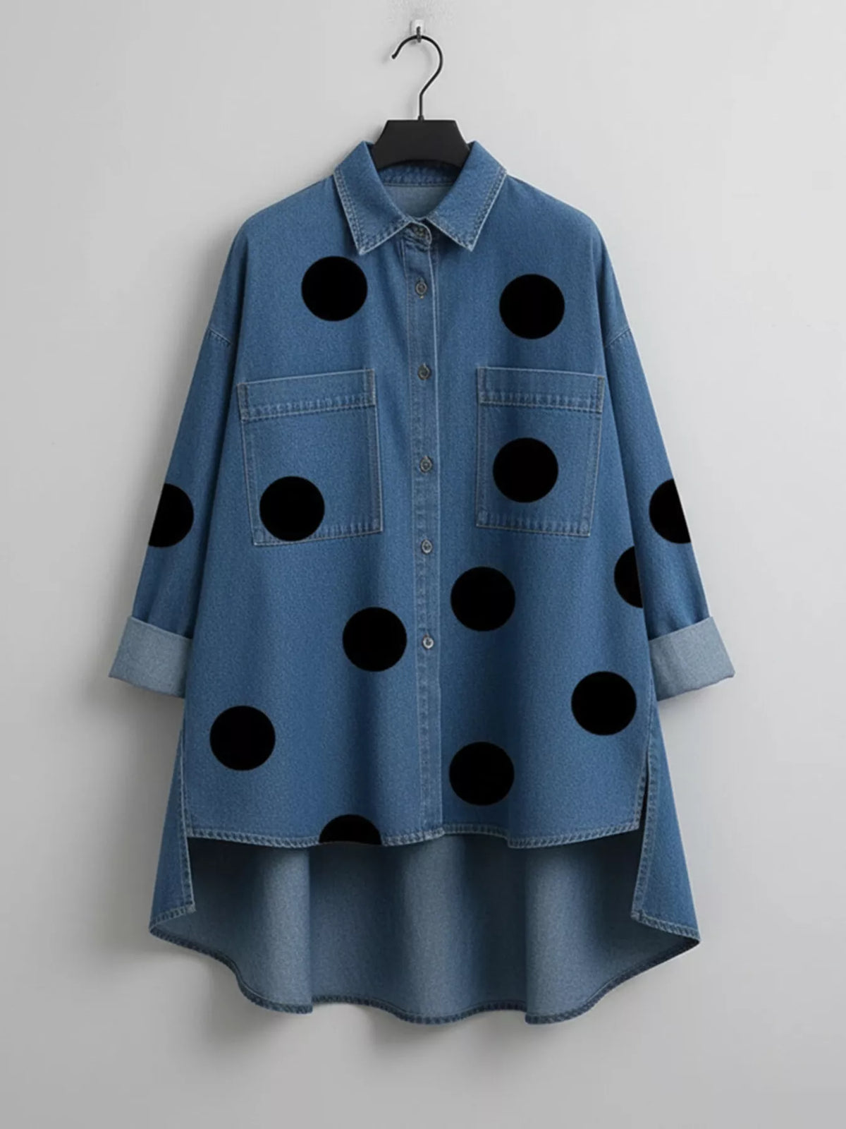 Full Size Polka Dot Oversized Denim Look Shirt Plus Size
