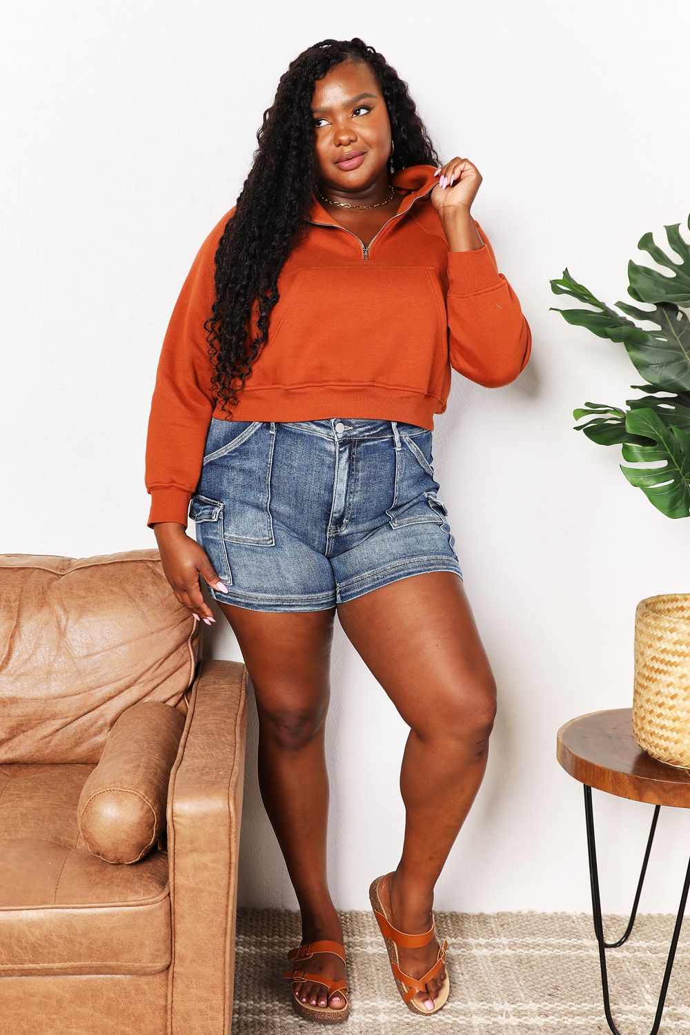 Double Take Half-Zip Long Sleeve Cropped Hoodie in Caramel, view 11
