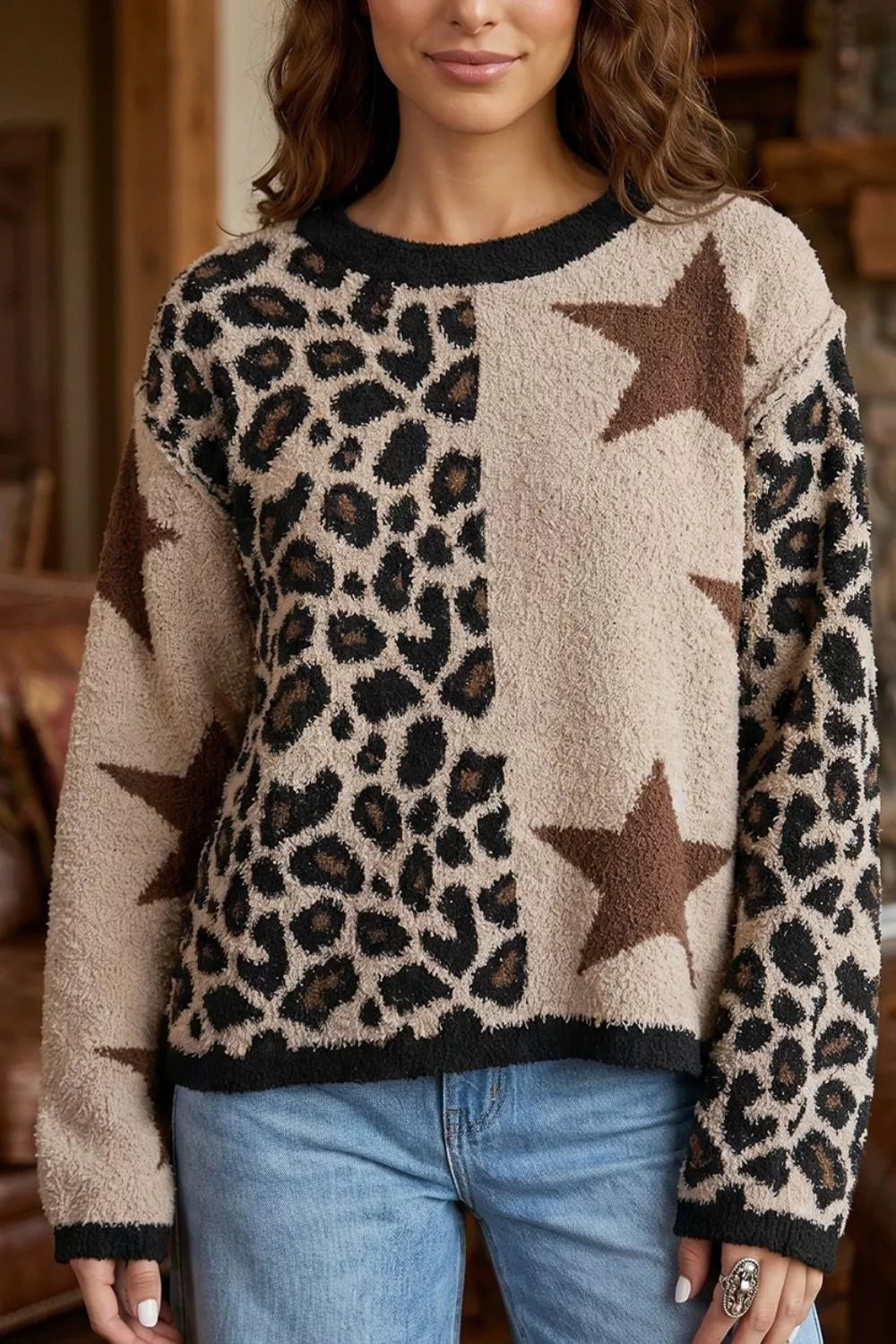 Leopard Star Pattern Round Neck Long Sleeve Shift Sweater - Lilixa.store