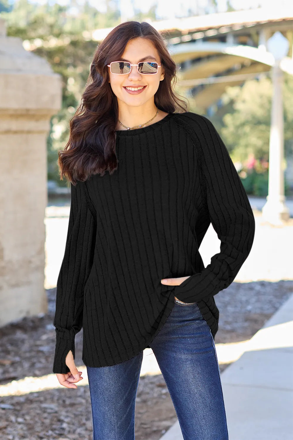Basic Bae Full Size Ribbed Round Neck Long Sleeve Knit Top - Lilixa.store