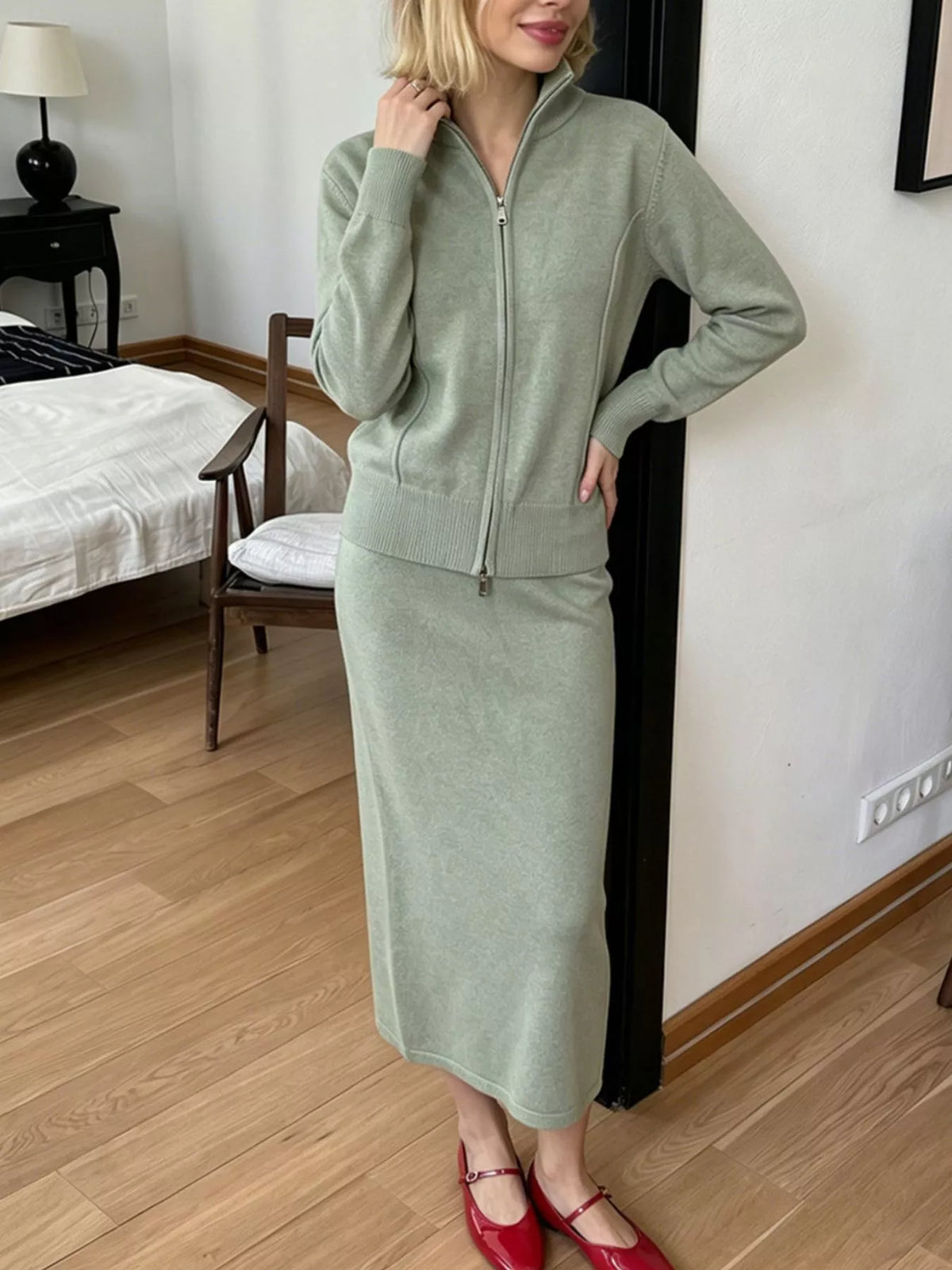 Zip-Up Mock Neck Cardigan and Matching Midi Skirt Sweater Set in Sage