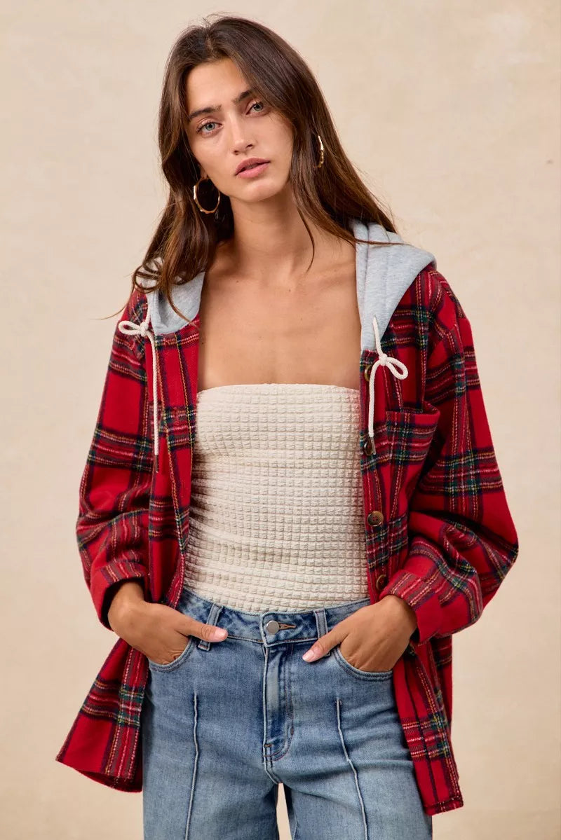 BiBi Brushed Plaid Hooded Jacket in Red Plaid, view 6