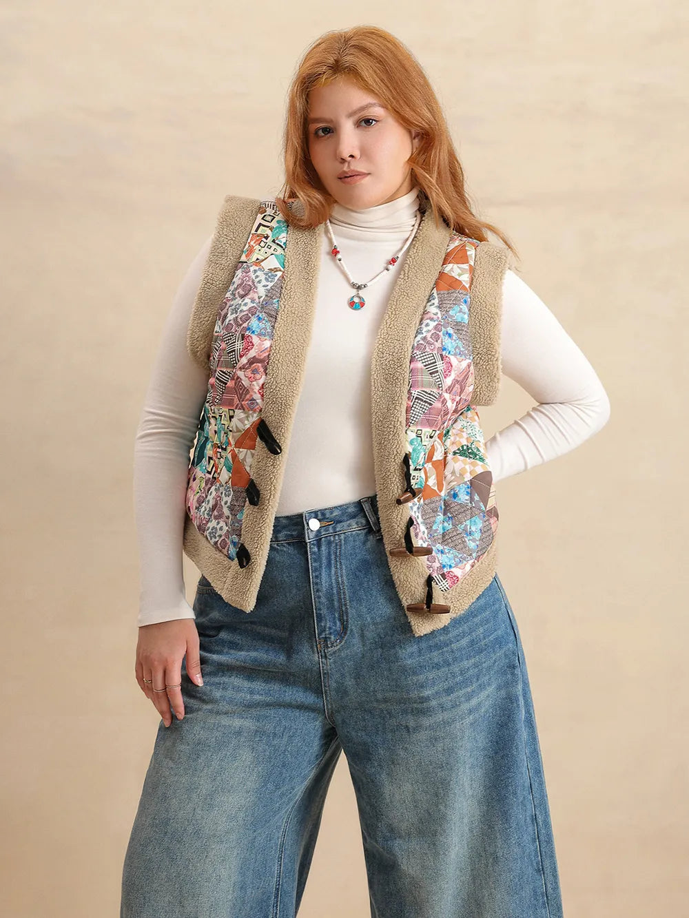 Plus Size Printed Sherpa Vest Coat in Multicolor, view 2