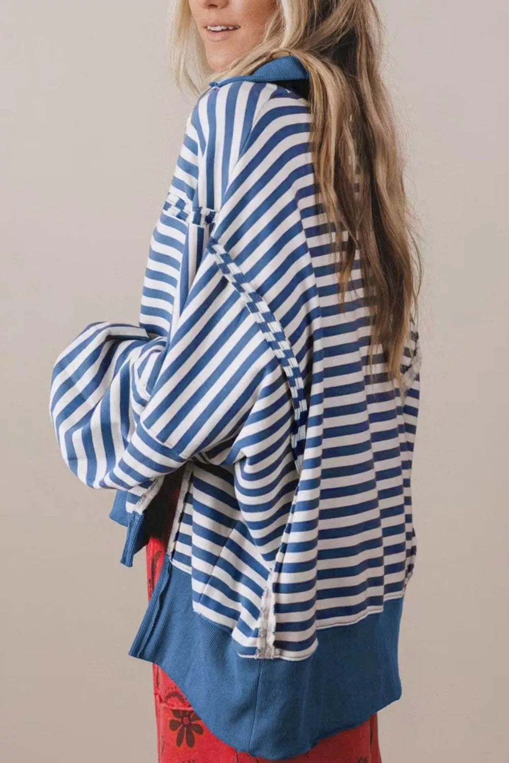 Stripe Color Block Trim Raw Seam Split Hem Loose Sweatshirt - Lilixa.store