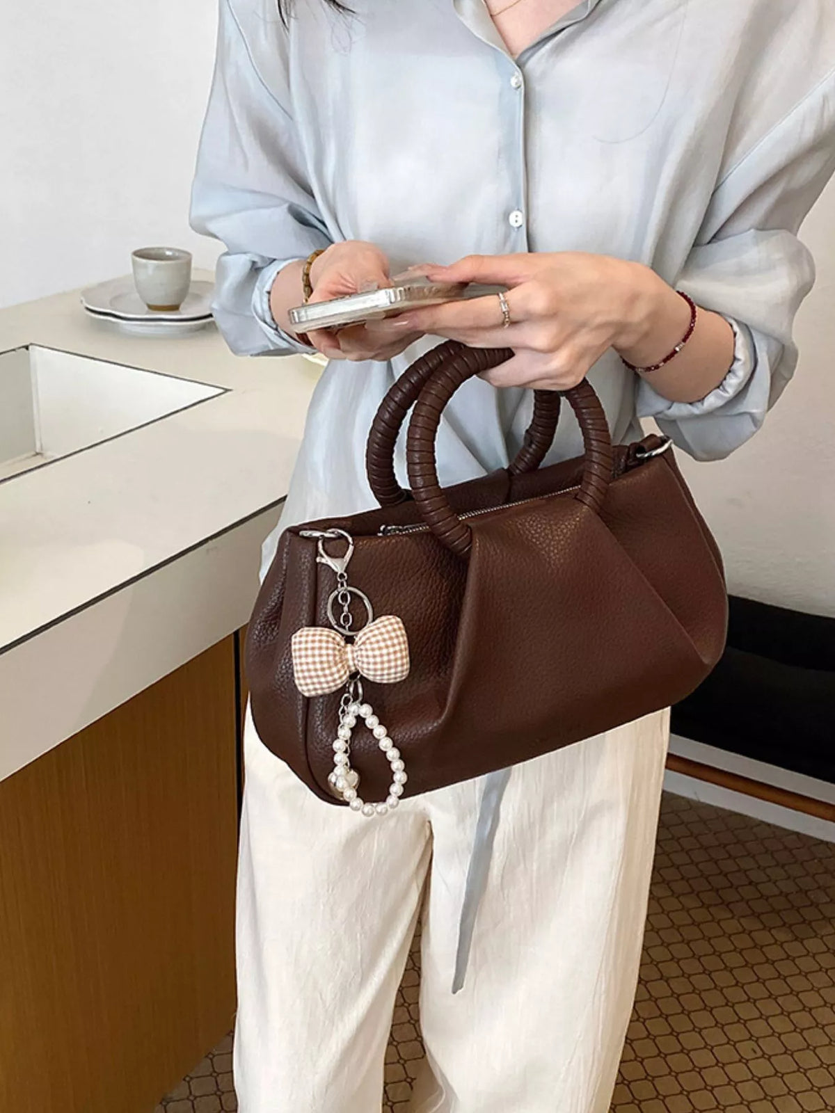 Top Handle Crossbody Bag with Pearl Bow Charm