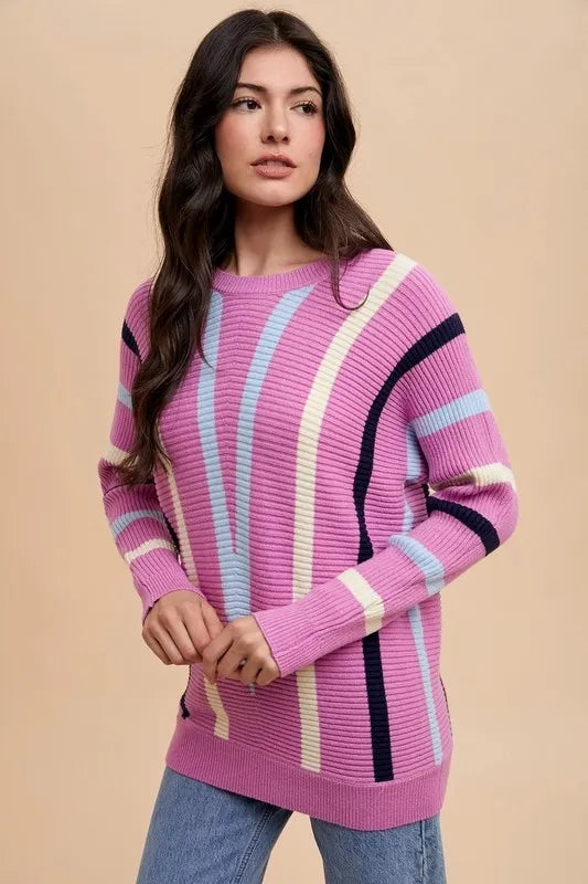 Annie Wear Chevron Stripe Round Neck Ribbed Sweater - Lilixa.store