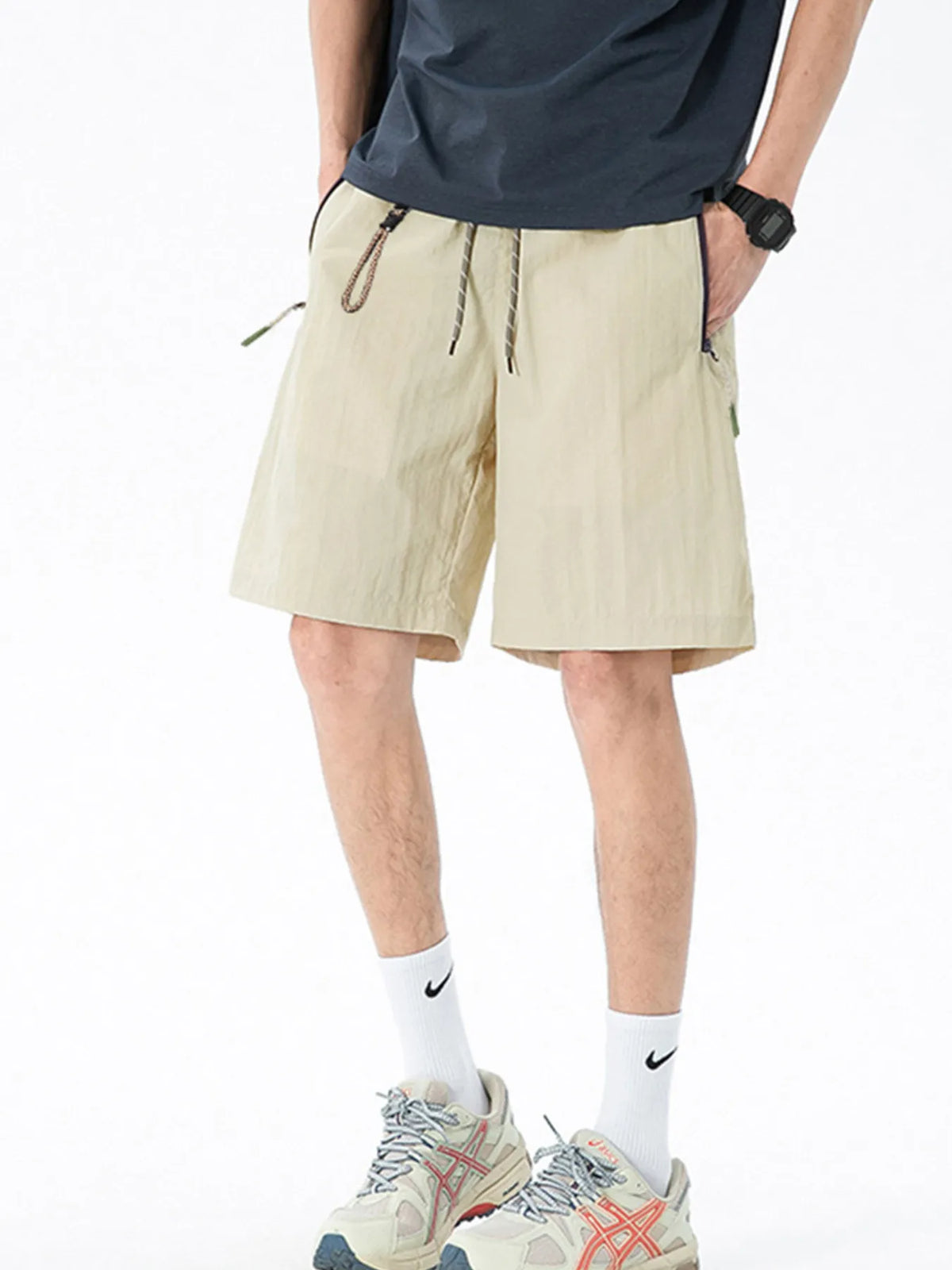 Men's Lightweight Drawstring Shorts with Zipper Pockets in Khaki