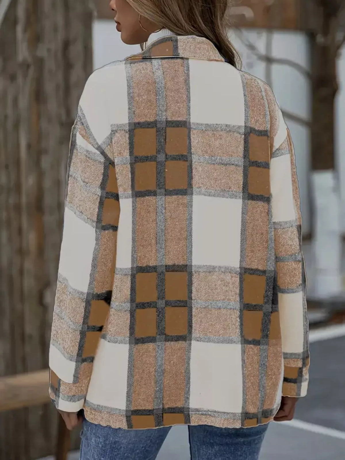 Plaid Button-Up Long Sleeve Shacket, view 9